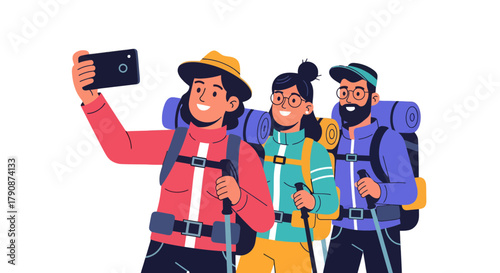 Adventurous Group Capturing a Selfie While Hiking Mountains for Recreation Fun