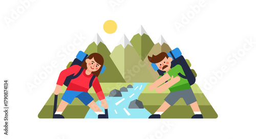 Adventurous Couple Trekking Through Majestic Landscape with Backpacks Under Sunny Sky