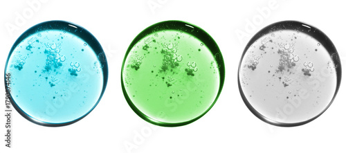 Texture swatch of blue, green hyaluronic acid serum gel on transparent isolated background, macro. Detergent, cosmetics, laboratory. A round drop in a petri dish