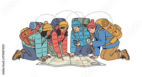 Adventurous Group Checking Map for Directions on Hiking Expedition in Wild Terrain