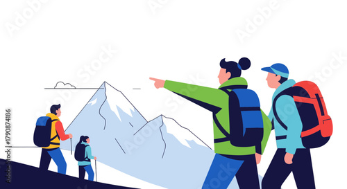 Adventurous Group Embarking on a Mountain Trek, Reaching New Heights in Nature Illustration