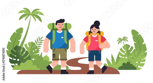 Adventurous Couple Trekking Through Tropical Jungle With Backpacks During Daytime Exploration