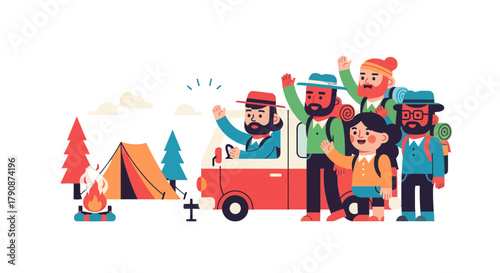 Adventurous Group Enjoying A Road Trip Camping Adventure With Caravan in Nature