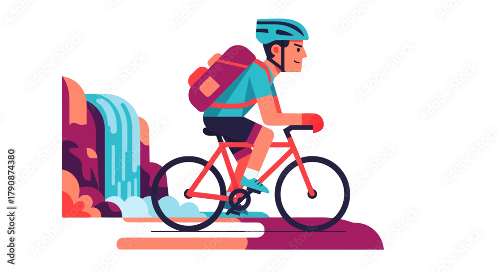 Fototapeta premium Adventurous Cyclist With Backpack Exploring Landscape Next To Waterfall In Unique Style