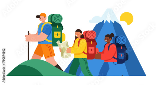 Adventurous Group Hiking Mountain Trail, Nature Exploration, and Travel Imagery