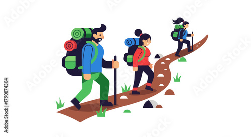 Adventurous Group Hiking Mountain Trail Illustration on Black Background