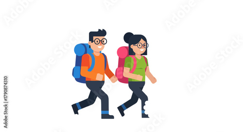 Adventurous Couple With Backpacks Hiking Against a Black Background Showing Movement