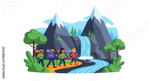 Adventurous Group Hiking Near Waterfall With Majestic Mountainous Landscape