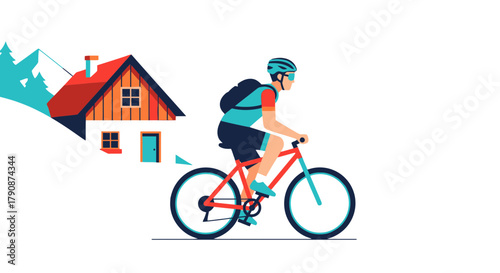 Adventurous Cyclist Explores Mountain Range With Cozy Cabin in the Backdrop