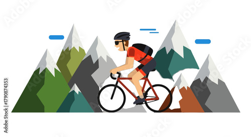 Adventurous Cyclist Explores Mountainous Terrain During Sunset in Striking Illustration