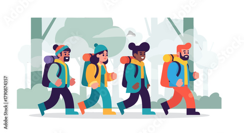 Adventurous Group Hiking Through A Forest Trail Exploring The Natural World Together