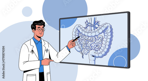 Doctor Explaining Intestinal Anatomy on Screen for Medical Education Purposes and Healthcare