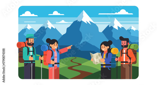 Adventurous Group Hiking Through Majestic Mountains Finding Direction With A Map Together