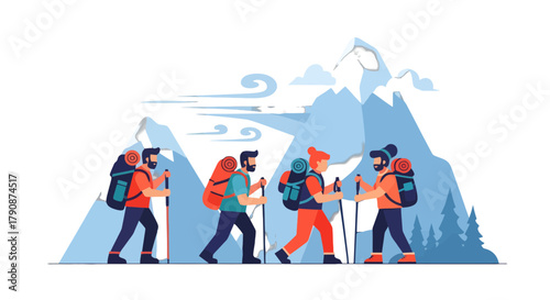 Adventurous Group Of Hikers Journeying Through Mountainous Terrain With Equipment