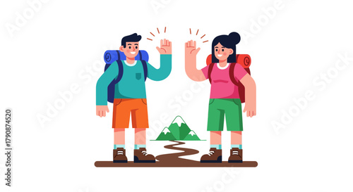 Adventurous Duo Achieving High-Five Gesture After Hiking On Mountain Trail With Backpacks