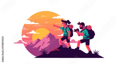 Adventurous Duo Ascending Mountain, Capturing Scenic Vista During Sunset, Joyful Experience