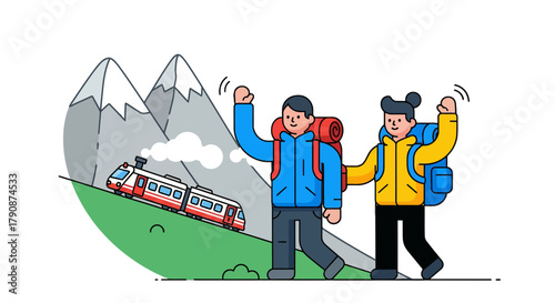 Adventurous Duo Ascends Mountain As Train Passes With Backpacks And Reaching Arms Up
