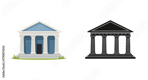 Illustration of two neoclassical building facades with columns and triangular pediments
