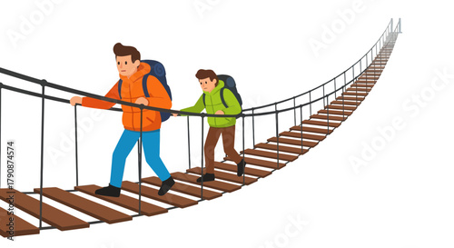 Adventurous Duo Bravely Traversing a Suspension Bridge with a Dramatic Dark Sky