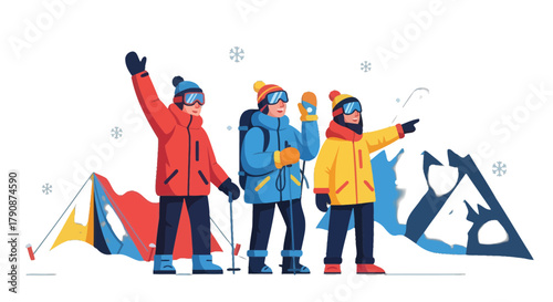 Adventurous Group Of Trekkers Ascending A Majestic Mountain Amongst Falling Snowflakes