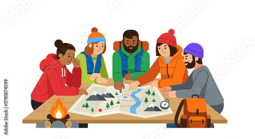 Adventurous Group Plans Excursion, Examining Map Around Table with Fire.
