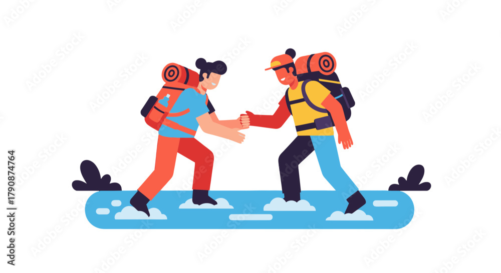 Obraz premium Adventurous Duo Hiking Together Across Blue Terrain Reaching For Success