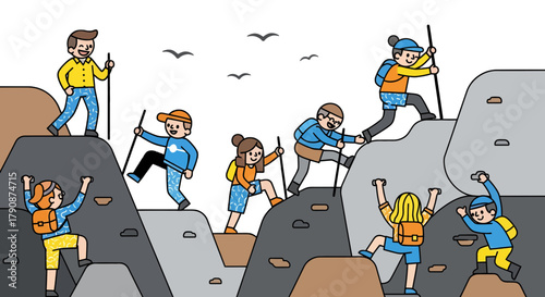 Adventurous Group Scaling Mountainous Terrain In Energetic And Cheerful Illustration