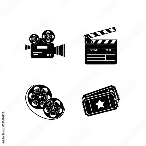 Film Icons Set Featuring Camera, Clapperboard, and Tickets  
