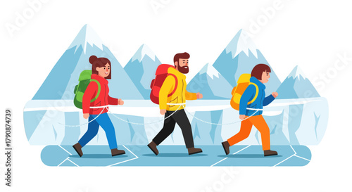 Adventurous Group Traversing Snowy Mountains Under Clear Skies With Backpacks