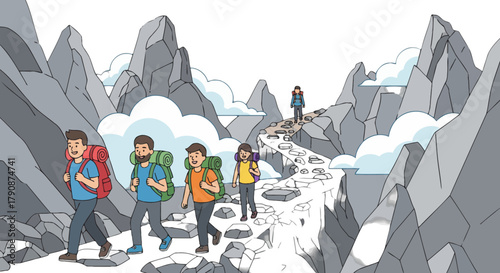 Adventurous Group Traversing Risky Mountain Pathway Towards Their Journey's Destination