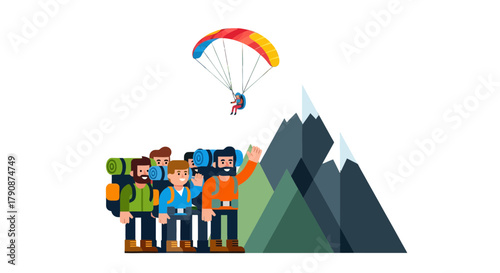 Adventurous Group Witnesses Paraglider Soaring Over Mountain Peaks Under Starry Night Sky