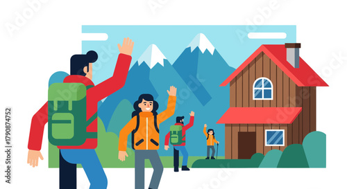 Adventurous Group Welcoming Viewers By Mountain Cabin In The Woods Illustration