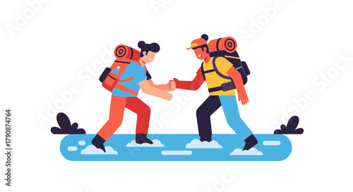 Adventurous Duo Hiking Together Across Blue Terrain Reaching For Success