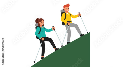Adventurous Duo Hiking Uphill Amidst Nature's Trail During Beautiful Day's Expedition