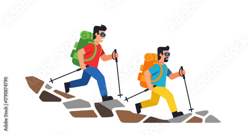 Adventurous Hike: Two Figures Ascending a Rocky Way, Journey of Exploration