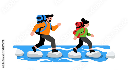 Adventurous Duo Navigating River, Symbolic Illustration Depicting Perseverance And Travel