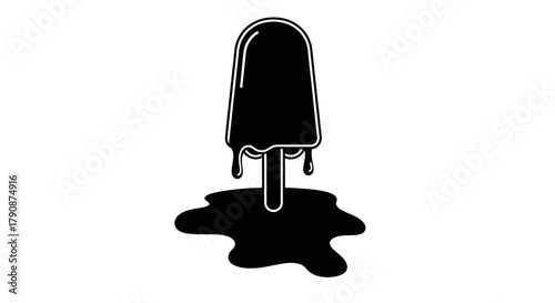 A black popsicle with melting drips and a pool of liquid below
