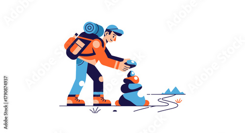 Adventurous Hiker Assembles Stone Tower While Exploring Trails Near Mountains