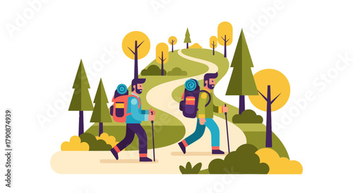 Adventurous Duo Trekking Together Through Picturesque Mountain Trails for Outdoor Adventures