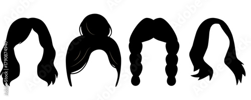 A set of four black silhouettes depicting various female hairstyles, including long wavy hair, an updo, pigtail braids, and a shoulder-length cut.