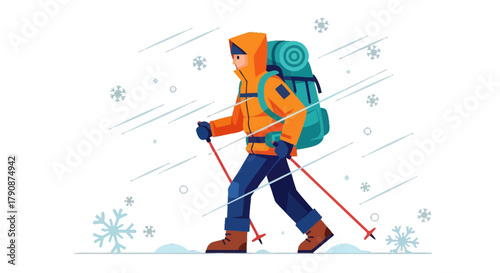 Adventurous Hiker Bravely Venturing Through Snowstorm With Backpack and Essential Gear Ready