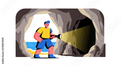 Adventurous Explorer Illuminating The Dark Cave With Bright Flashlight Illustration