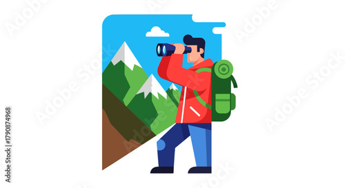 Adventurous Explorer Observing Mountain Range Through Binoculars On an Expedition