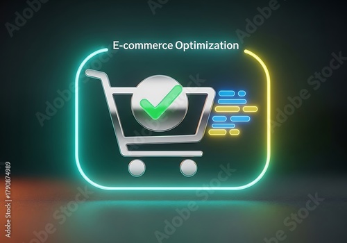 Ecommerce optimization concept with shopping cart and check mark, neon style, representing online business, digital marketing, and conversion rate improvement