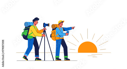 Adventurous Explorers Capturing The Majestic Sunrise With Illustrations and Photography Concept