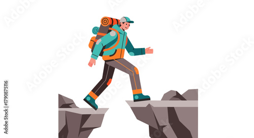 Adventurous Hiker Crossing a Gorge, Surrounded By Darkness, A Symbol of Challenge