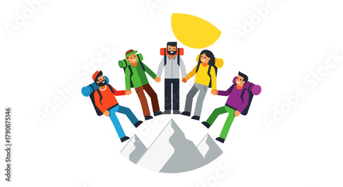 Adventurous Explorers Circle Of Friends Reaching Peak Under Bright Yellow Light Together