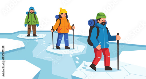 Adventurous Explorers Crossing Glacial Waters Illustrated in Vector Style