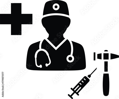 Black silhouette medical icons doctor stethoscope cross syringe reflex hammer healthcare