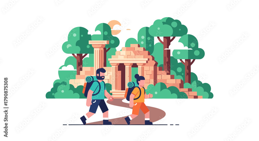 Fototapeta premium Adventurous Explorers Embark on a Journey to Discover Ancient Ruins in a Serene Landscape